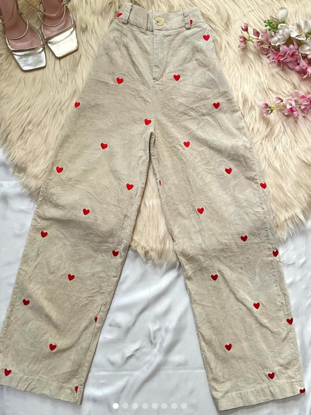 Cider uncontrollably in love beige corduroy pants with red heart embroidery